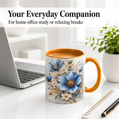 #pl[11oz|Orange] Blue Floral Coffee Mug, Ceramic Mug with Gold Botanical Artwork