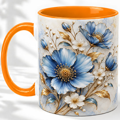 #pl[11oz|Orange] Blue Floral Coffee Mug, Ceramic Mug with Gold Botanical Artwork