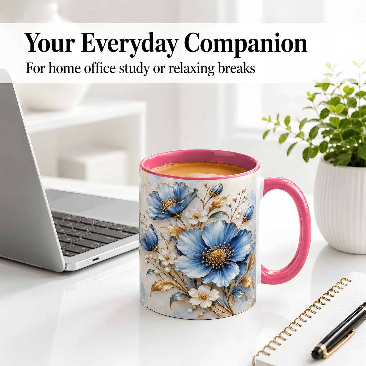 #pl[11oz|Pink] Blue Floral Coffee Mug, Ceramic Mug with Gold Botanical Artwork