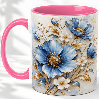 #pl[11oz|Pink] Blue Floral Coffee Mug, Ceramic Mug with Gold Botanical Artwork