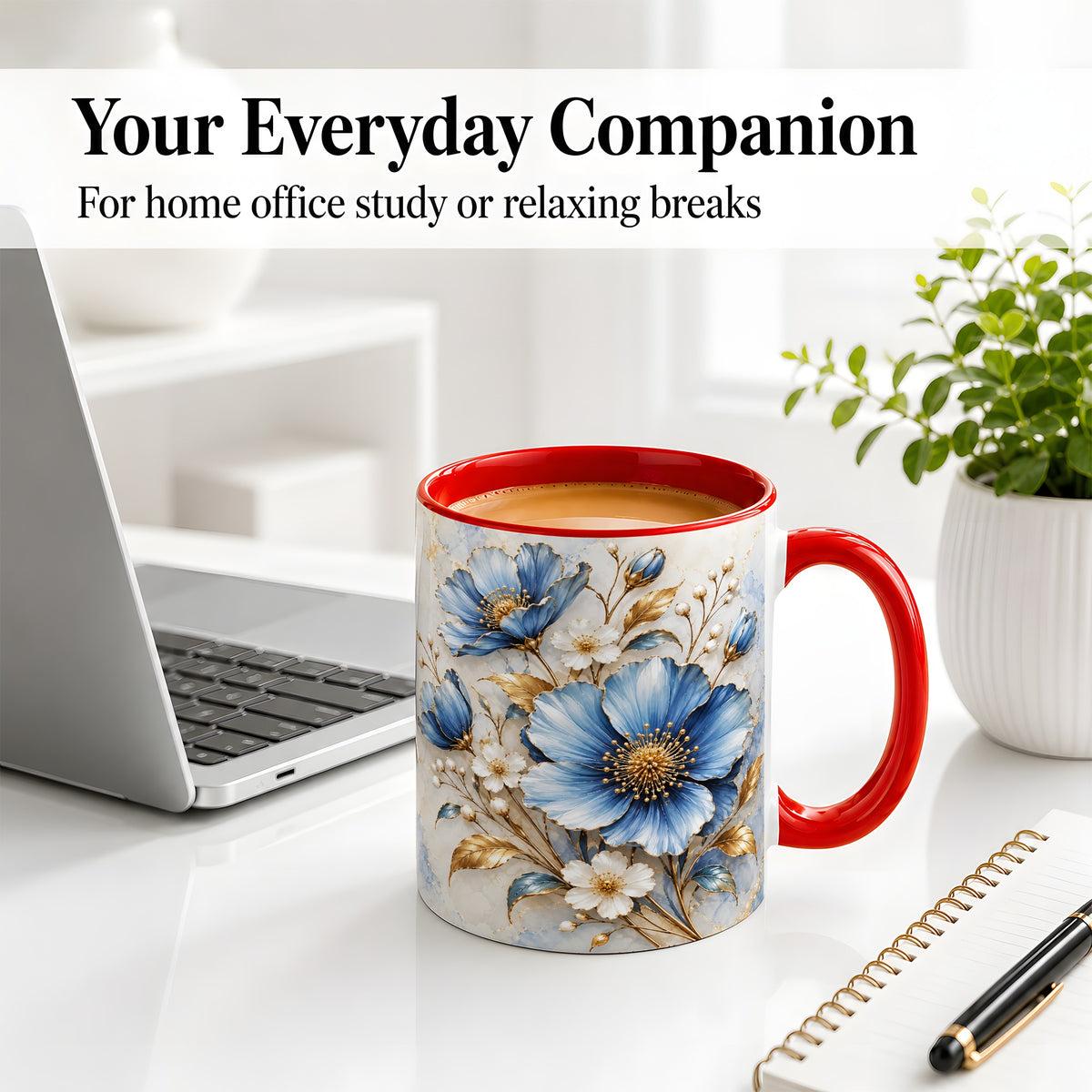 #pl[11oz|Red] Blue Floral Coffee Mug, Ceramic Mug with Gold Botanical Artwork