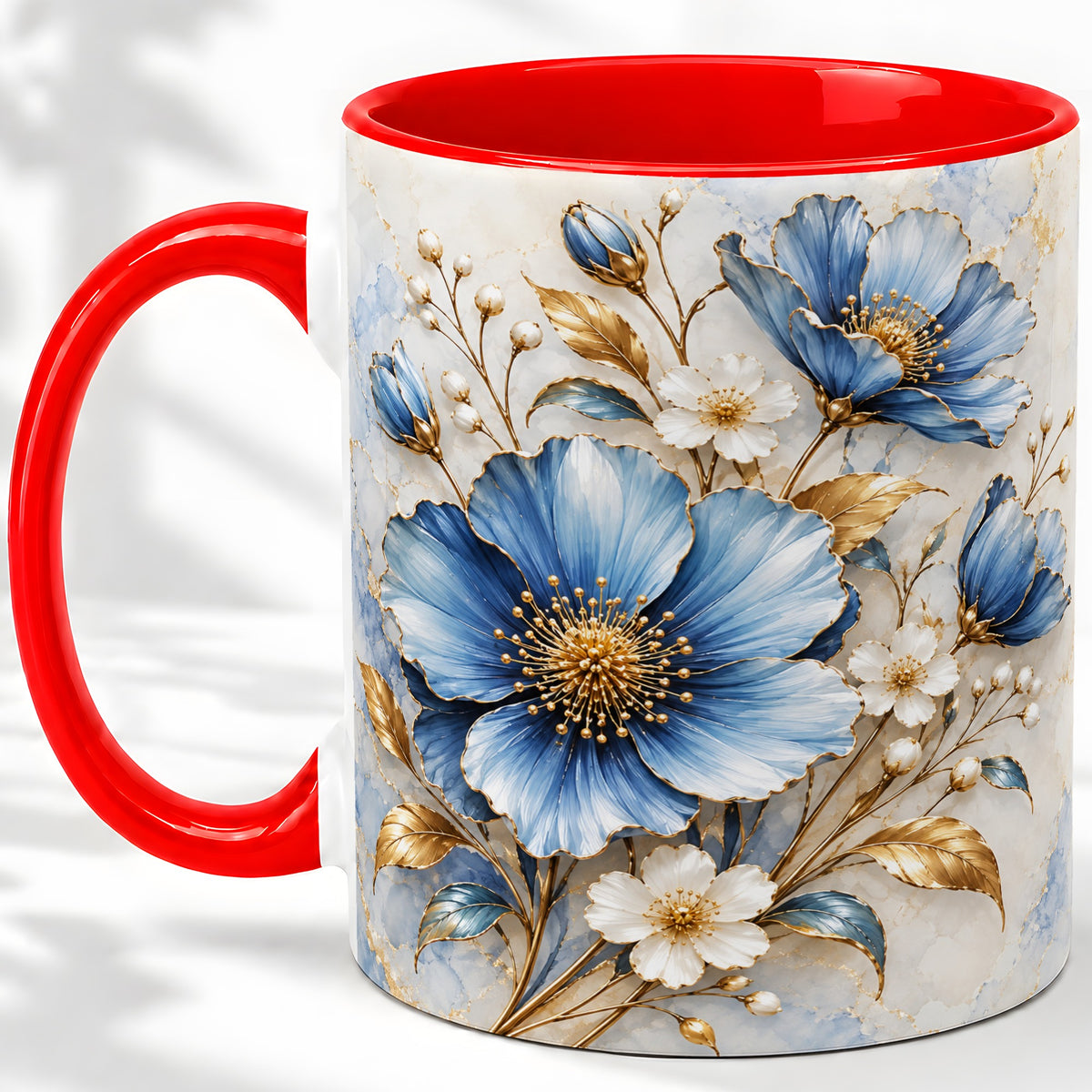 Blue Floral Coffee Mug, Ceramic Mug with Gold Botanical Artwork