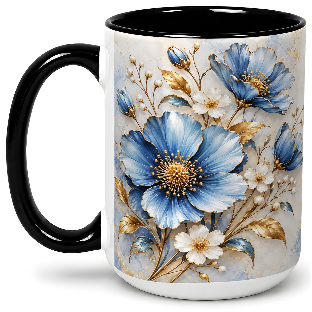 #pl[15oz|Black] Blue Floral Coffee Mug, Ceramic Mug with Gold Botanical Artwork