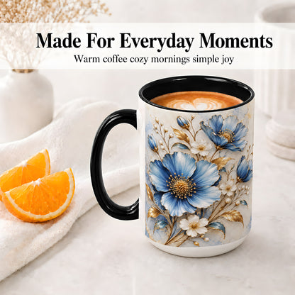 #pl[15oz|Black] Blue Floral Coffee Mug, Ceramic Mug with Gold Botanical Artwork