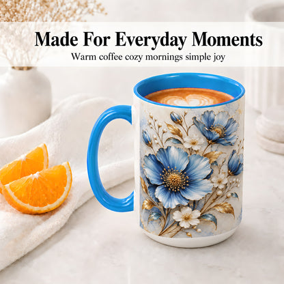 #pl[15oz|Blue] Blue Floral Coffee Mug, Ceramic Mug with Gold Botanical Artwork