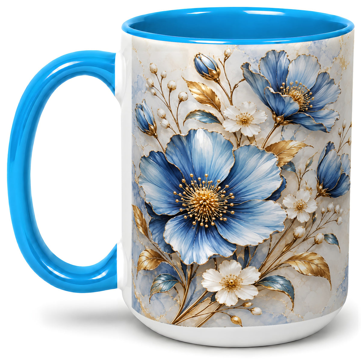 #pl[15oz|Blue] Blue Floral Coffee Mug, Ceramic Mug with Gold Botanical Artwork
