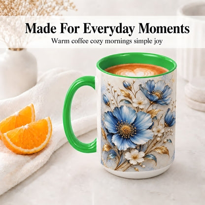 #pl[15oz|Green] Blue Floral Coffee Mug, Ceramic Mug with Gold Botanical Artwork