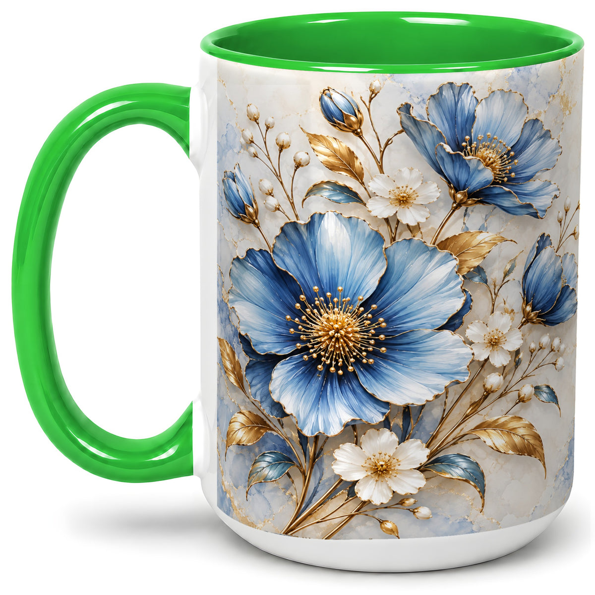 #pl[15oz|Green] Blue Floral Coffee Mug, Ceramic Mug with Gold Botanical Artwork