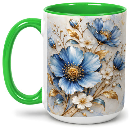 #pl[15oz|Green] Blue Floral Coffee Mug, Ceramic Mug with Gold Botanical Artwork