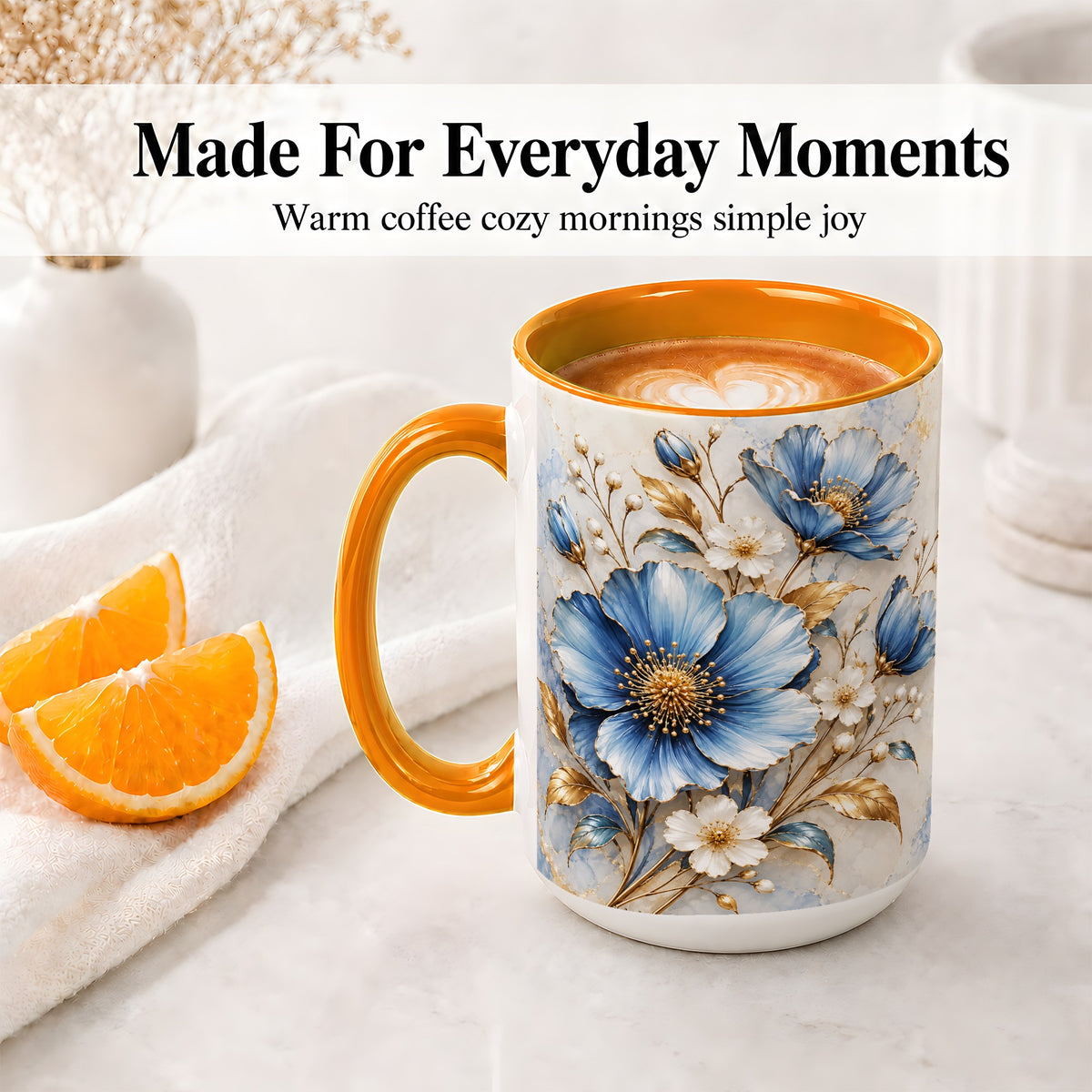 #pl[15oz|Orange] Blue Floral Coffee Mug, Ceramic Mug with Gold Botanical Artwork