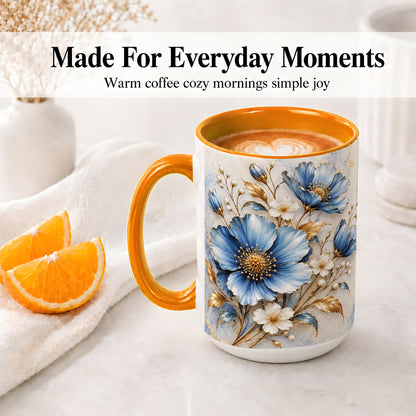 #pl[15oz|Orange] Blue Floral Coffee Mug, Ceramic Mug with Gold Botanical Artwork