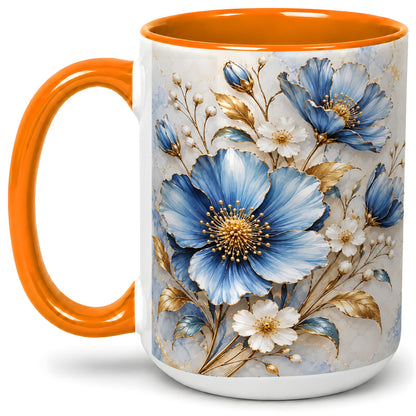 #pl[15oz|Orange] Blue Floral Coffee Mug, Ceramic Mug with Gold Botanical Artwork