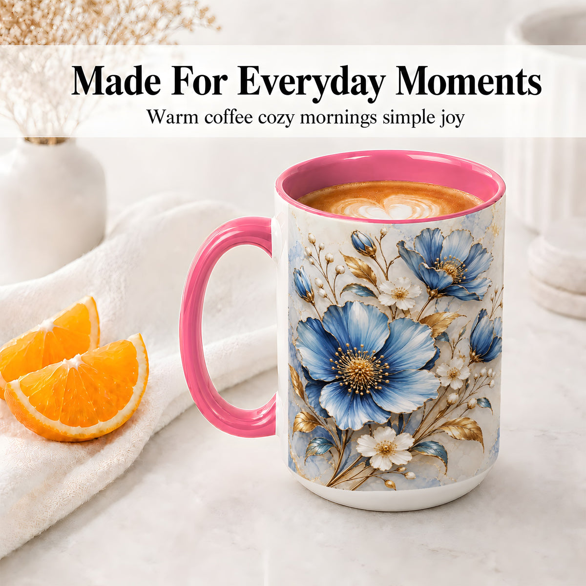 #pl[15oz|Pink] Blue Floral Coffee Mug, Ceramic Mug with Gold Botanical Artwork