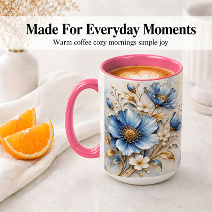 #pl[15oz|Pink] Blue Floral Coffee Mug, Ceramic Mug with Gold Botanical Artwork