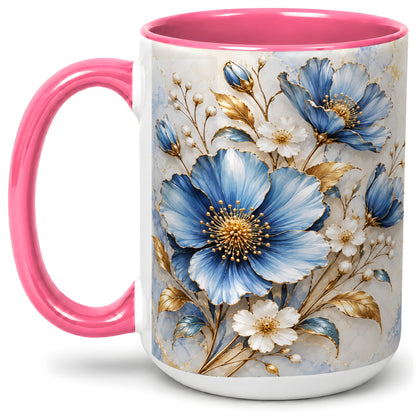 #pl[15oz|Pink] Blue Floral Coffee Mug, Ceramic Mug with Gold Botanical Artwork