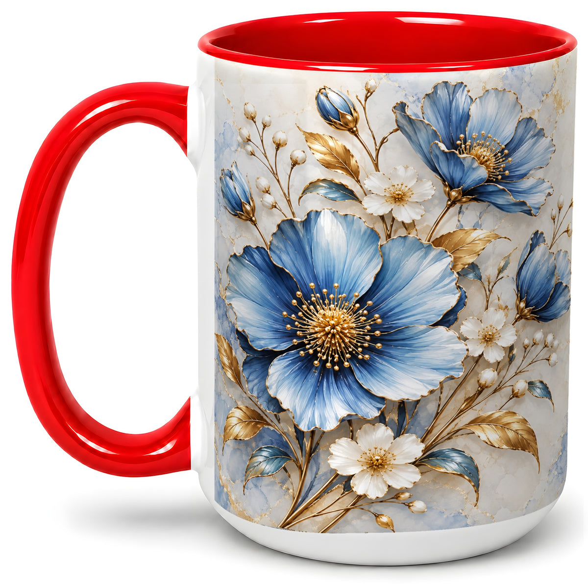 #pl[15oz|Red] Blue Floral Coffee Mug, Ceramic Mug with Gold Botanical Artwork
