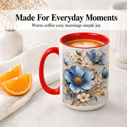 #pl[15oz|Red] Blue Floral Coffee Mug, Ceramic Mug with Gold Botanical Artwork