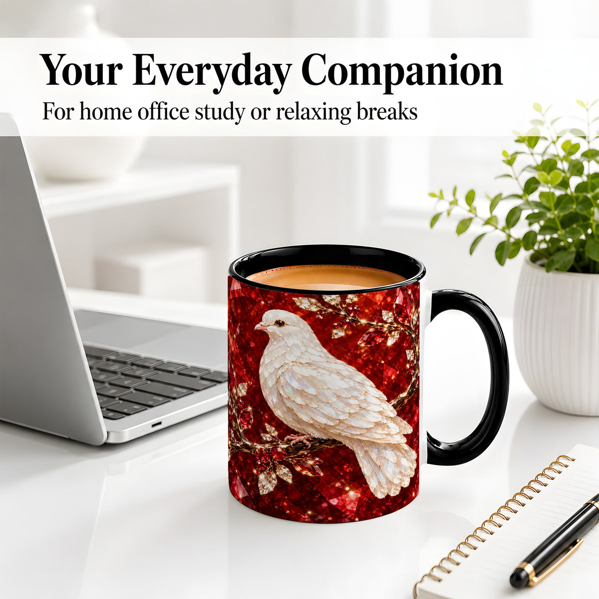 #pl[11oz|Black] White Dove Coffee Mug, Ceramic Mug with Red Jewel Artwork Design
