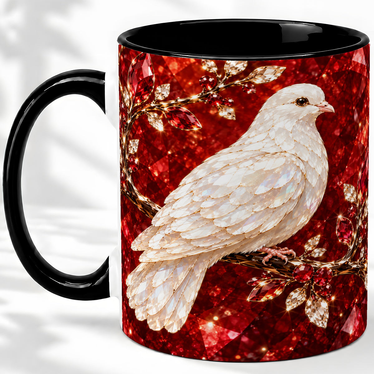 #pl[11oz|Black] White Dove Coffee Mug, Ceramic Mug with Red Jewel Artwork Design