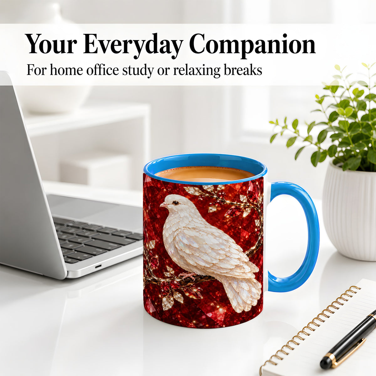#pl[11oz|Blue] White Dove Coffee Mug, Ceramic Mug with Red Jewel Artwork Design
