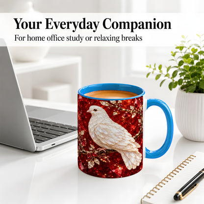 #pl[11oz|Blue] White Dove Coffee Mug, Ceramic Mug with Red Jewel Artwork Design