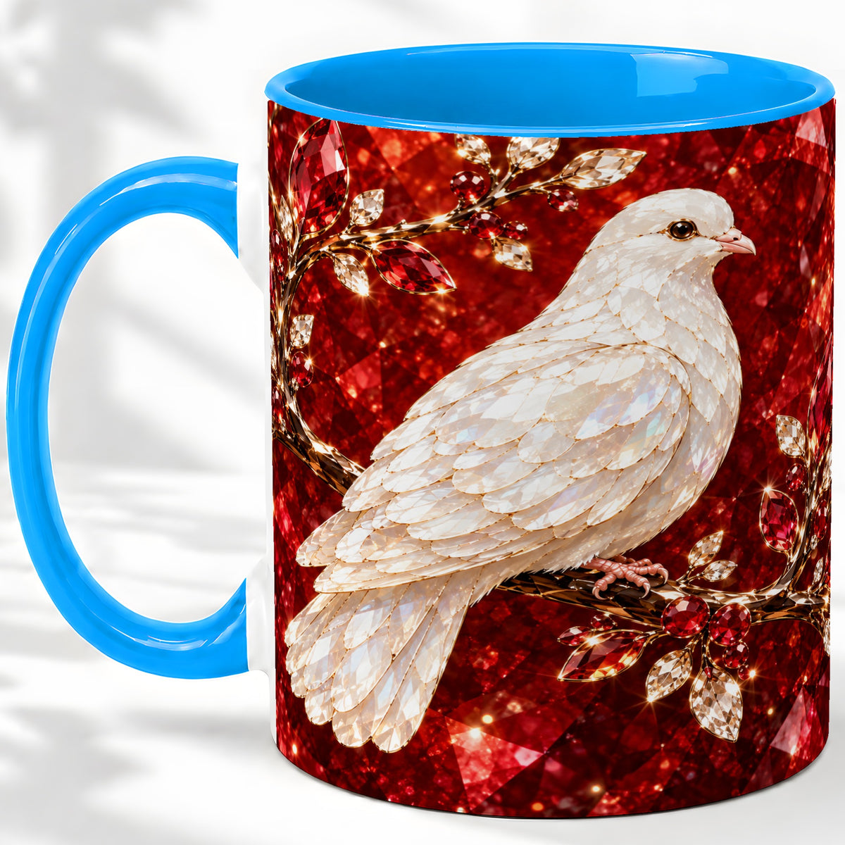 #pl[11oz|Blue] White Dove Coffee Mug, Ceramic Mug with Red Jewel Artwork Design