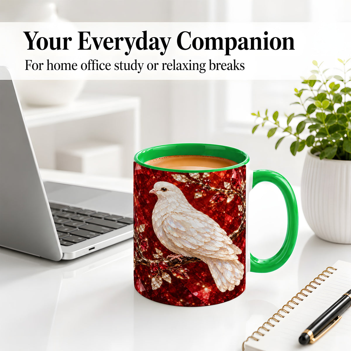 #pl[11oz|Green] White Dove Coffee Mug, Ceramic Mug with Red Jewel Artwork Design