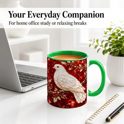 #pl[11oz|Green] White Dove Coffee Mug, Ceramic Mug with Red Jewel Artwork Design