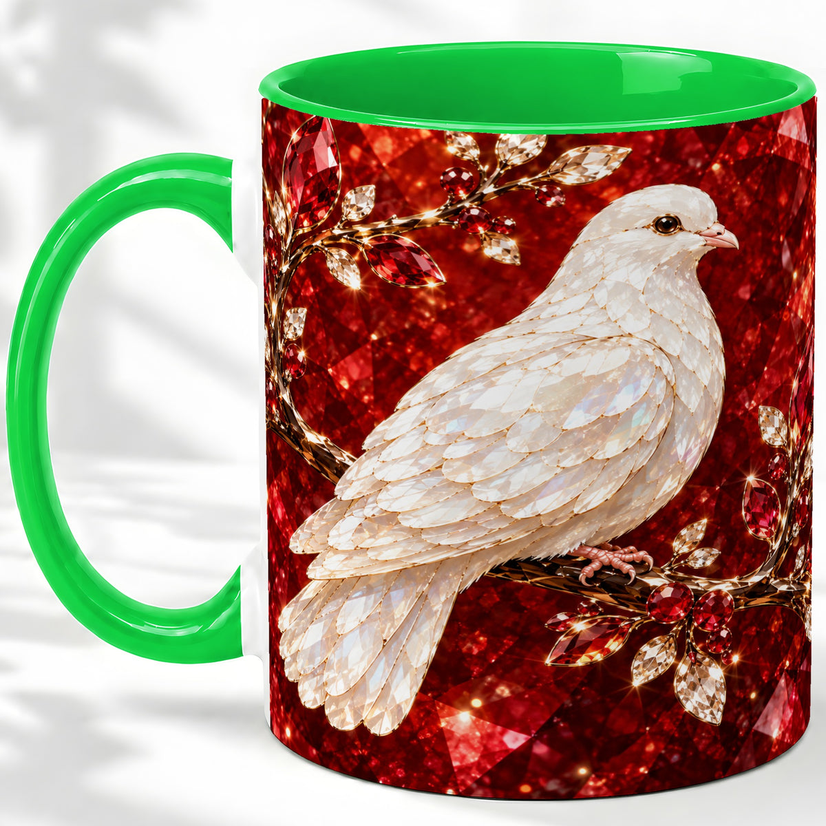 #pl[11oz|Green] White Dove Coffee Mug, Ceramic Mug with Red Jewel Artwork Design