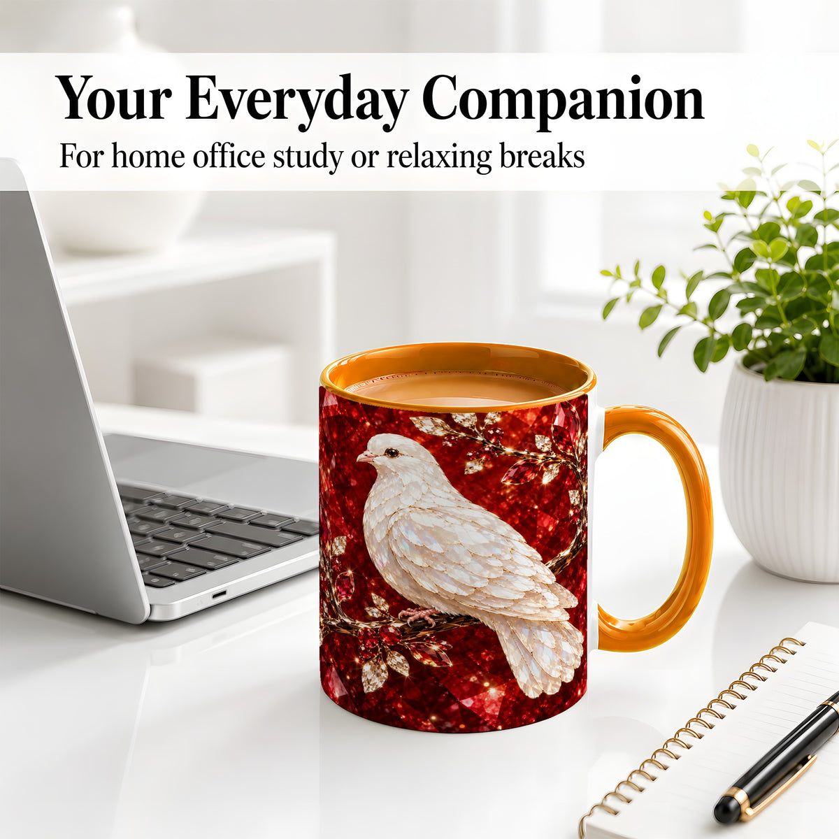 #pl[11oz|Orange] White Dove Coffee Mug, Ceramic Mug with Red Jewel Artwork Design