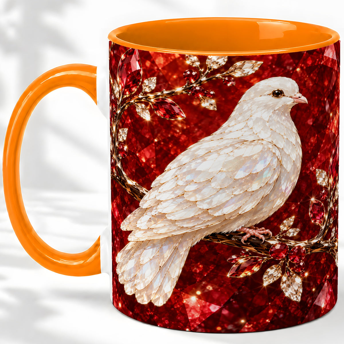 #pl[11oz|Orange] White Dove Coffee Mug, Ceramic Mug with Red Jewel Artwork Design