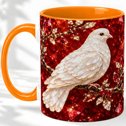 #pl[11oz|Orange] White Dove Coffee Mug, Ceramic Mug with Red Jewel Artwork Design