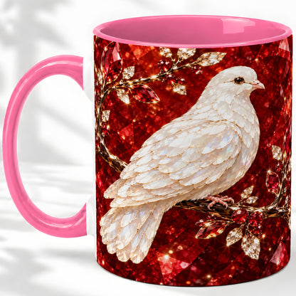 #pl[11oz|Pink] White Dove Coffee Mug, Ceramic Mug with Red Jewel Artwork Design