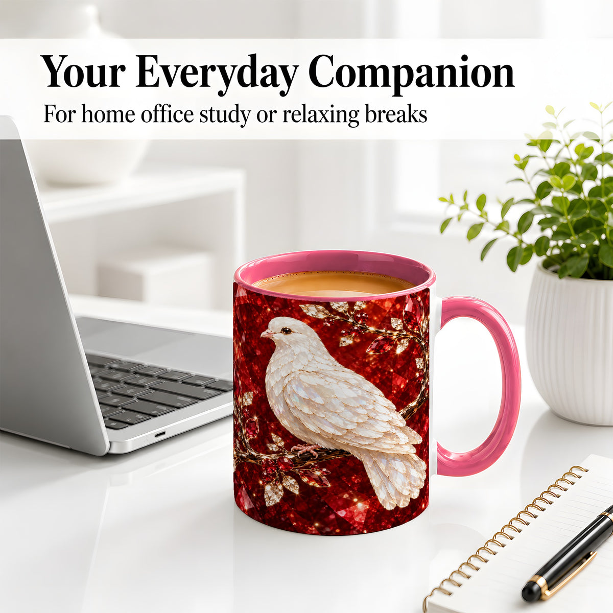 #pl[11oz|Pink] White Dove Coffee Mug, Ceramic Mug with Red Jewel Artwork Design