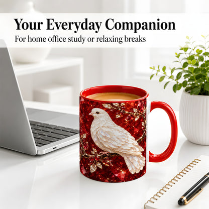 #pl[11oz|Red] White Dove Coffee Mug, Ceramic Mug with Red Jewel Artwork Design