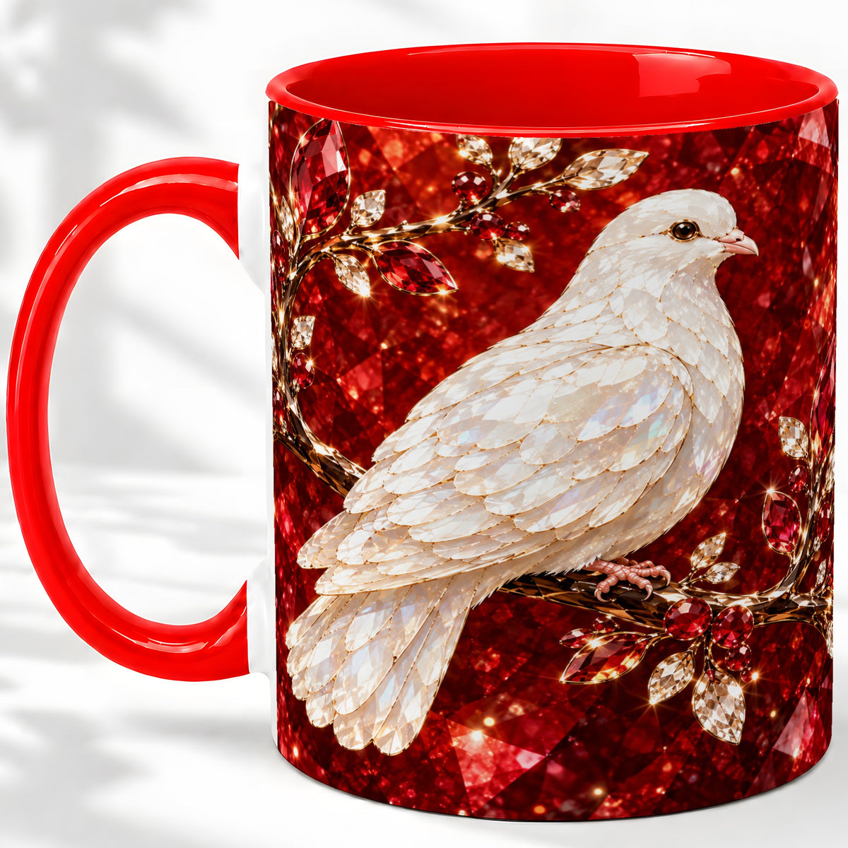 White Dove Coffee Mug, Ceramic Mug with Red Jewel Artwork Design