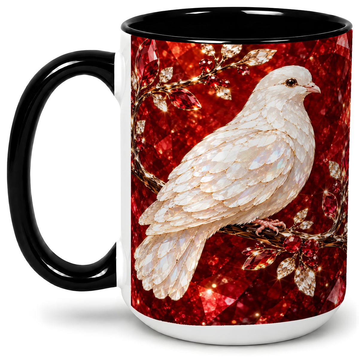 #pl[15oz|Black] White Dove Coffee Mug, Ceramic Mug with Red Jewel Artwork Design