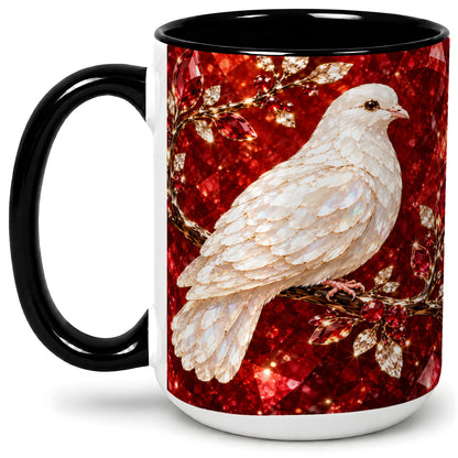 #pl[15oz|Black] White Dove Coffee Mug, Ceramic Mug with Red Jewel Artwork Design