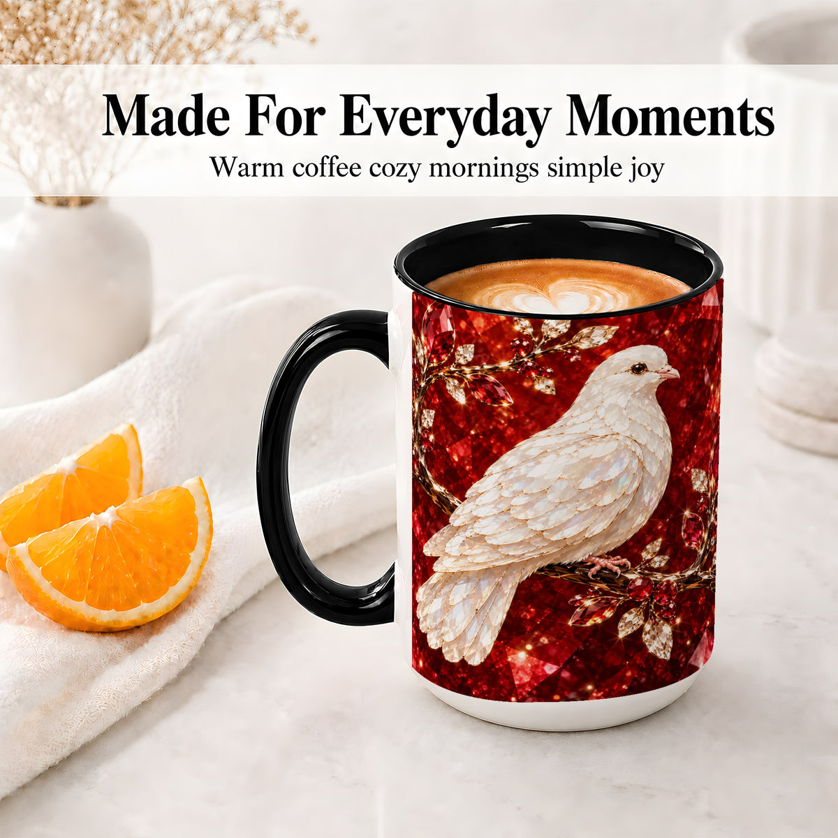 #pl[15oz|Black] White Dove Coffee Mug, Ceramic Mug with Red Jewel Artwork Design