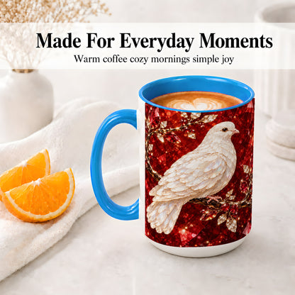 #pl[15oz|Blue] White Dove Coffee Mug, Ceramic Mug with Red Jewel Artwork Design