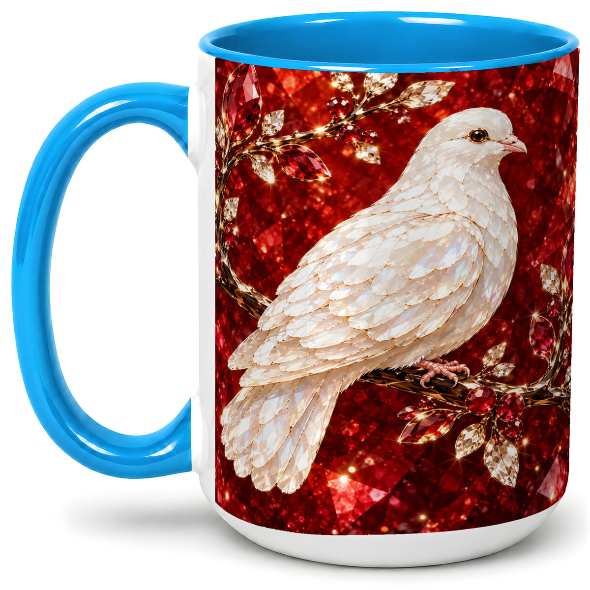 #pl[15oz|Blue] White Dove Coffee Mug, Ceramic Mug with Red Jewel Artwork Design