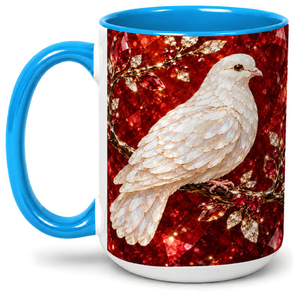 #pl[15oz|Blue] White Dove Coffee Mug, Ceramic Mug with Red Jewel Artwork Design