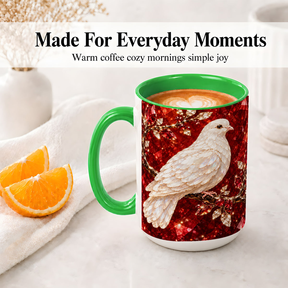 #pl[15oz|Green] White Dove Coffee Mug, Ceramic Mug with Red Jewel Artwork Design