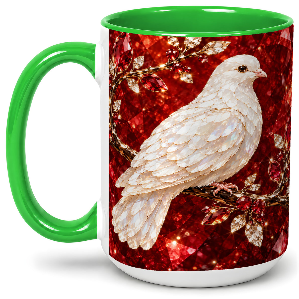 #pl[15oz|Green] White Dove Coffee Mug, Ceramic Mug with Red Jewel Artwork Design