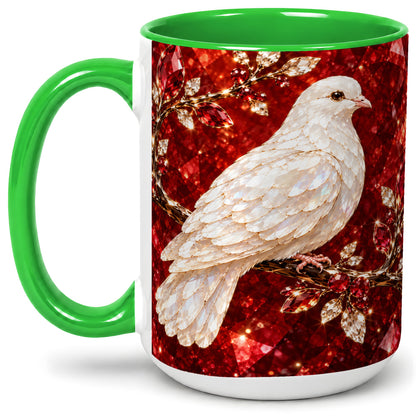 #pl[15oz|Green] White Dove Coffee Mug, Ceramic Mug with Red Jewel Artwork Design