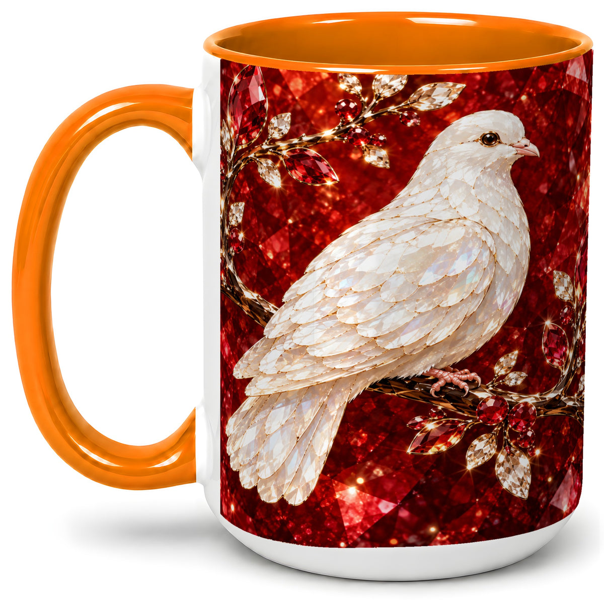 #pl[15oz|Orange] White Dove Coffee Mug, Ceramic Mug with Red Jewel Artwork Design
