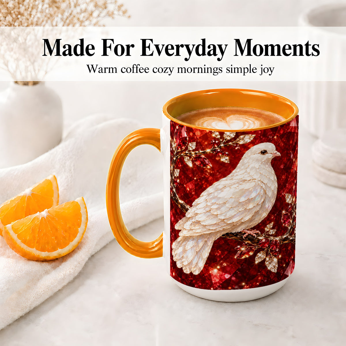 #pl[15oz|Orange] White Dove Coffee Mug, Ceramic Mug with Red Jewel Artwork Design