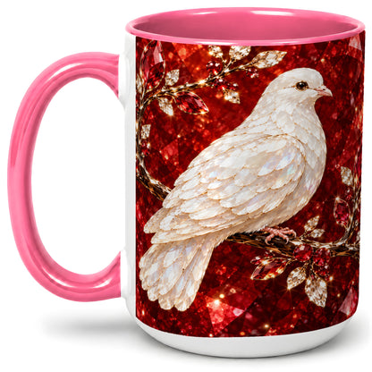 #pl[15oz|Pink] White Dove Coffee Mug, Ceramic Mug with Red Jewel Artwork Design