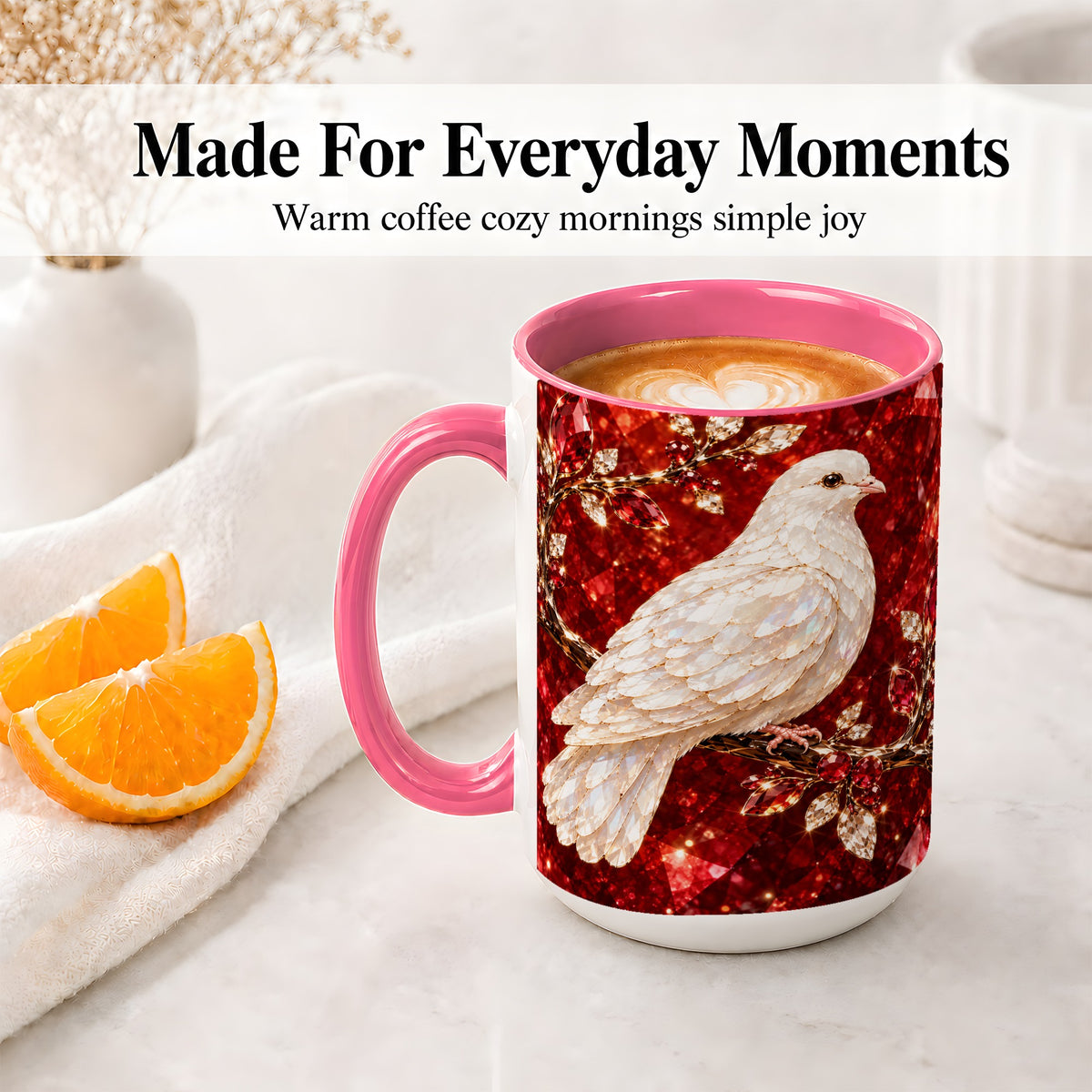 #pl[15oz|Pink] White Dove Coffee Mug, Ceramic Mug with Red Jewel Artwork Design