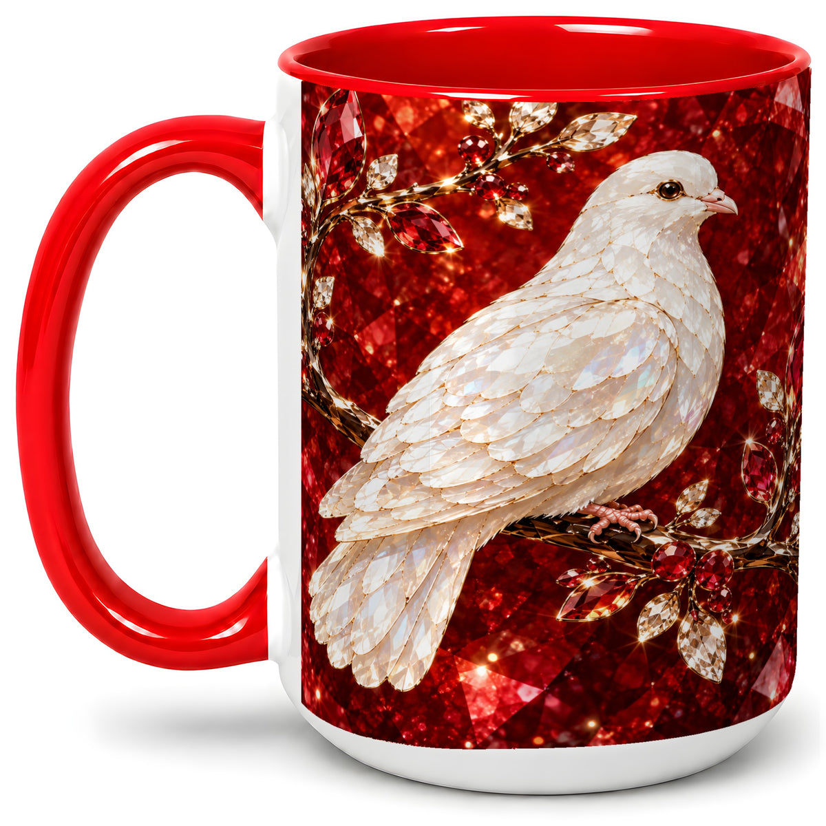 #pl[15oz|Red] White Dove Coffee Mug, Ceramic Mug with Red Jewel Artwork Design